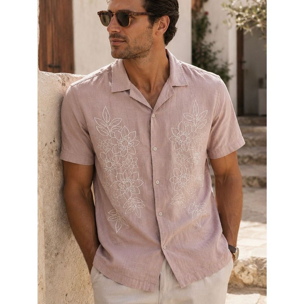 Folk Healey Camp Collar SS Shirt M Dusty Pink Embroidered Floral Cotton Linen Re